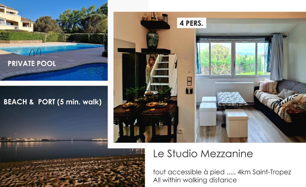 eine Collage mit zwei Bildern eines Wohnzimmers und eines Hauses in der Unterkunft Studio mezzanine entier à 5min de la plage et de St tropez in Cogolin
