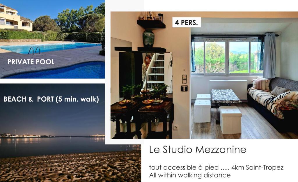 un collage de deux photos d'un salon et d'une maison dans l'établissement Studio mezzanine entier à 5min de la plage et de St tropez, à Cogolin