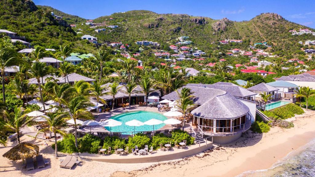 an aerial view of the resort and the beach at Hotel Manapany in Gustavia