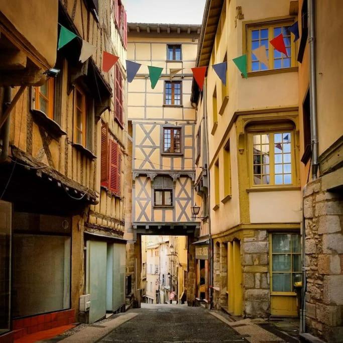 an alley in a city with flags hanging from buildings at Bel appartement, 2 chambres, centre ville in Thiers