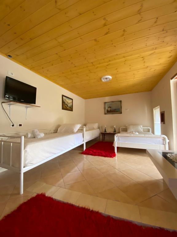 a bedroom with two beds and a flat screen tv at Marko's House in Gjirokastër