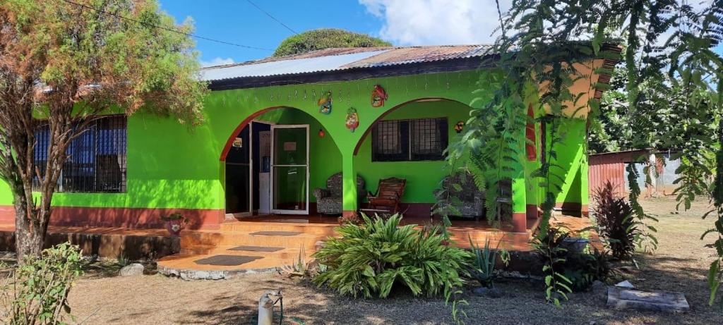 ein grünes Haus mit einer Eingangstür und einem Hof in der Unterkunft Hospedaje Tropical Dreams in Corn Island