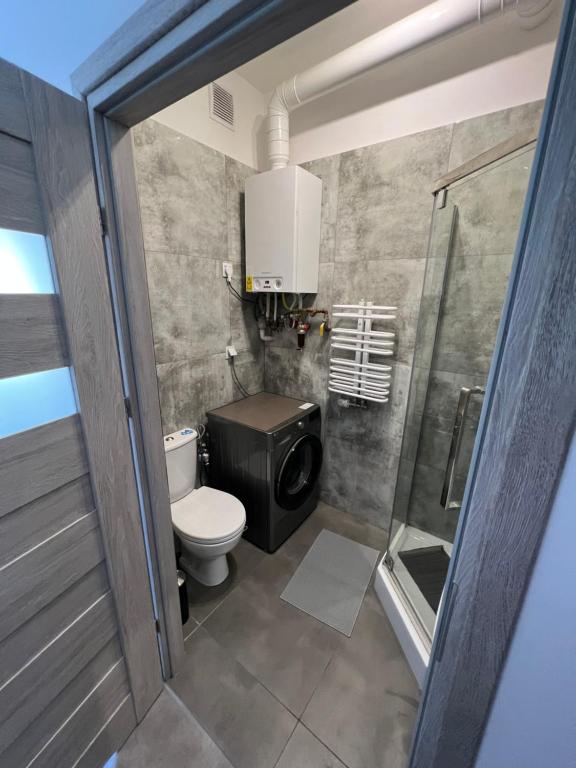 a small bathroom with a toilet and a shower at Cozy room between Kazimierz and Stare Miasto in Krakow