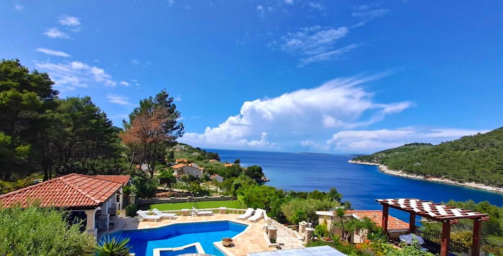 a house with a swimming pool and a view of the water at Villa Stone House Poplat in Vela Luka