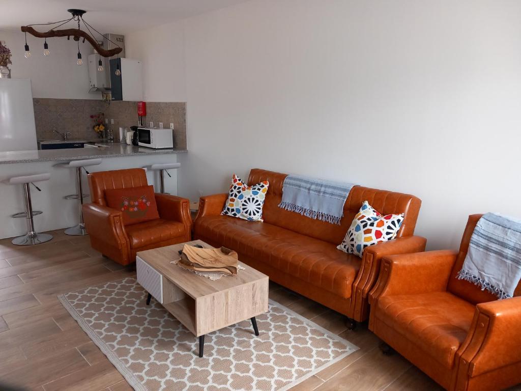 Sala de estar con 2 sofás de cuero y mesa de centro en Casa da Fonte, 