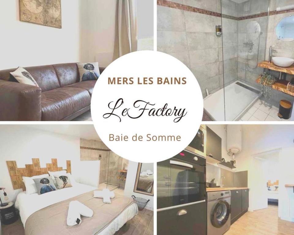 un collage de photos d'une chambre avec un lit et une salle de bains dans l'établissement Le Factory entre plage et centre ville, à Mers-les-Bains