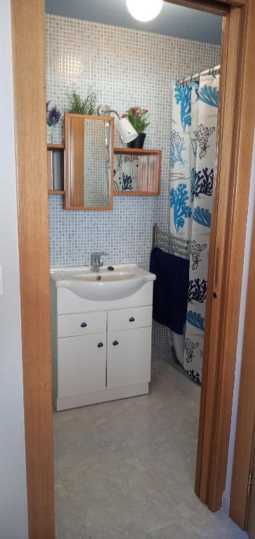 a bathroom with a sink and a mirror and a shower at Coqueto Estudio 2 in Ezcaray
