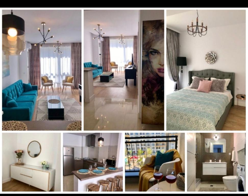 eine Collage mit Fotos von einem Schlafzimmer und einem Wohnzimmer in der Unterkunft Summer Nest Onix in Năvodari