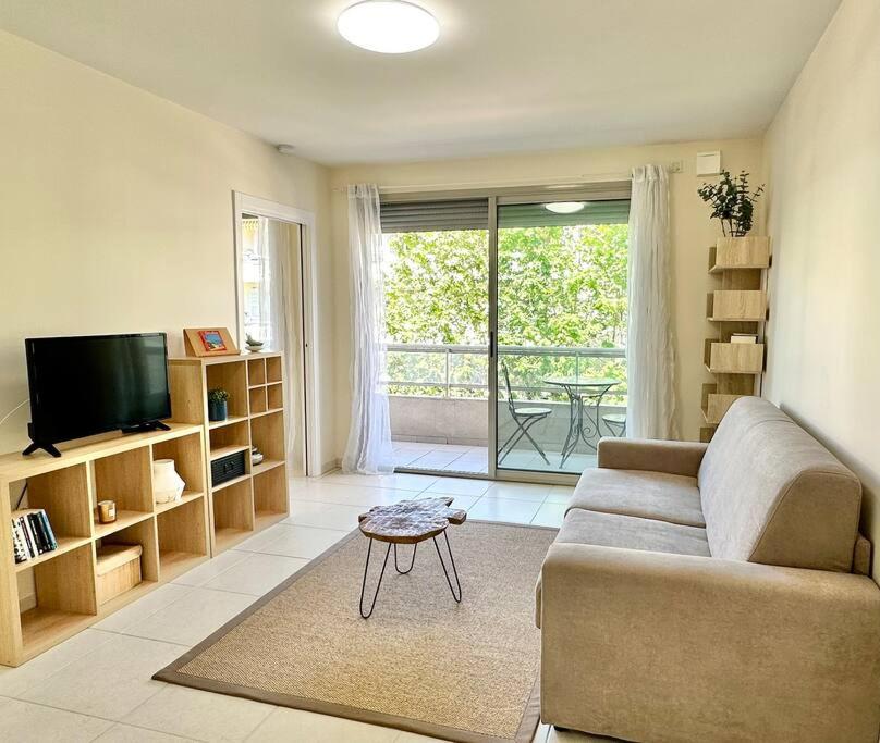 un salon avec un canapé et une télévision dans l'établissement Cosy holidays - beach, bars & food at 10min walk, à Antibes