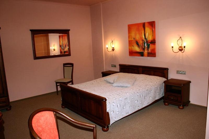 una camera con letto, specchio e sedia di Zlaty Lev a Louny