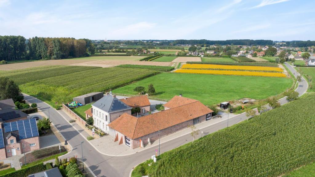 une vue aérienne sur une maison et un champ de tulipes dans l'établissement Burgemeestershof, à Wetteren