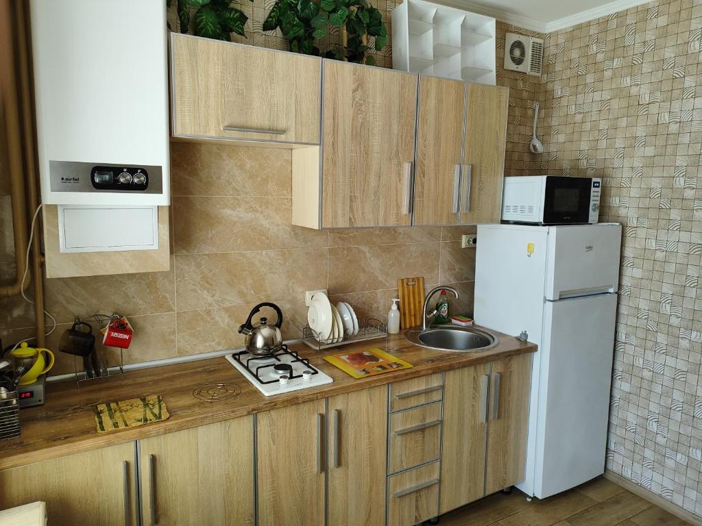 una cucina con frigorifero bianco e lavandino di Апартаменти в новому будинку в самому центрi a Chmel'nyc'kyj
