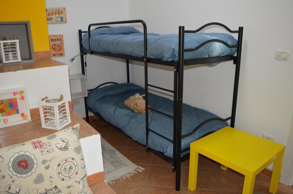 カステッランマーレ・デル・ゴルフォにあるCasa vacanza Nicuzzaの二段ベッド2台とテーブルが備わる客室です。