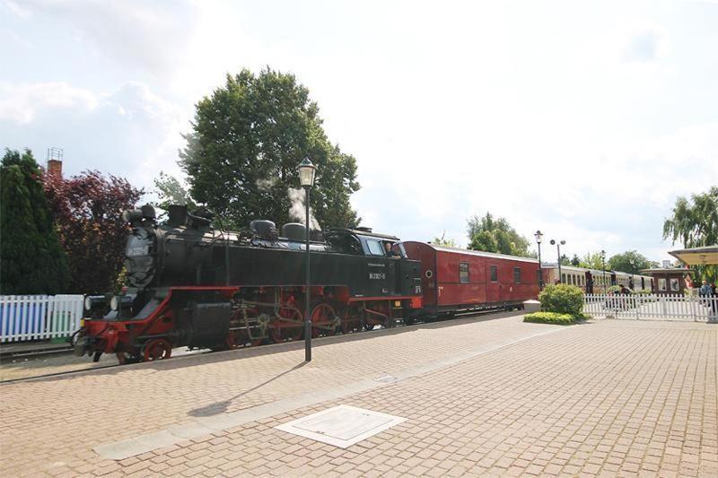 キュールングスボルンにあるFerienwohnungen-Molli-Ost-Wohnung-1-9799の線路に座る赤と黒の列車
