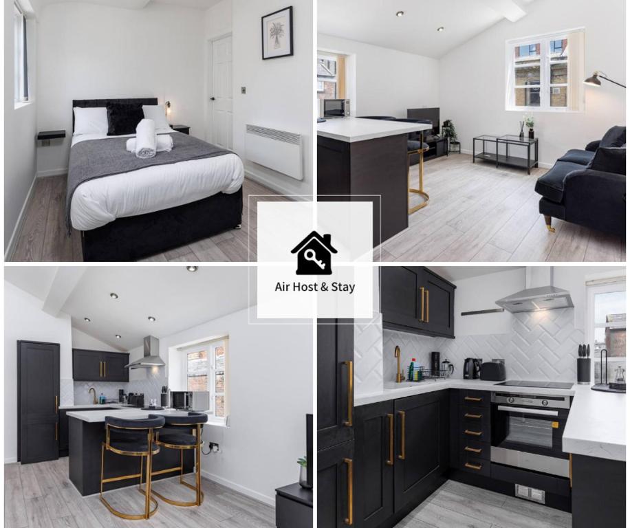 an apartment with a bed and a kitchen and a room at Air Host and Stay - Beautiful modern Rodney Street apartment in Liverpool