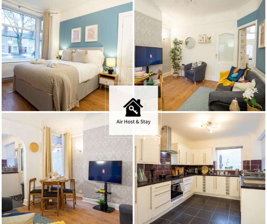 a collage of photos of a bedroom and a living room at Air Host and Stay - Stanley Park House, 2 mins from LFC, sleeps 7 in Liverpool