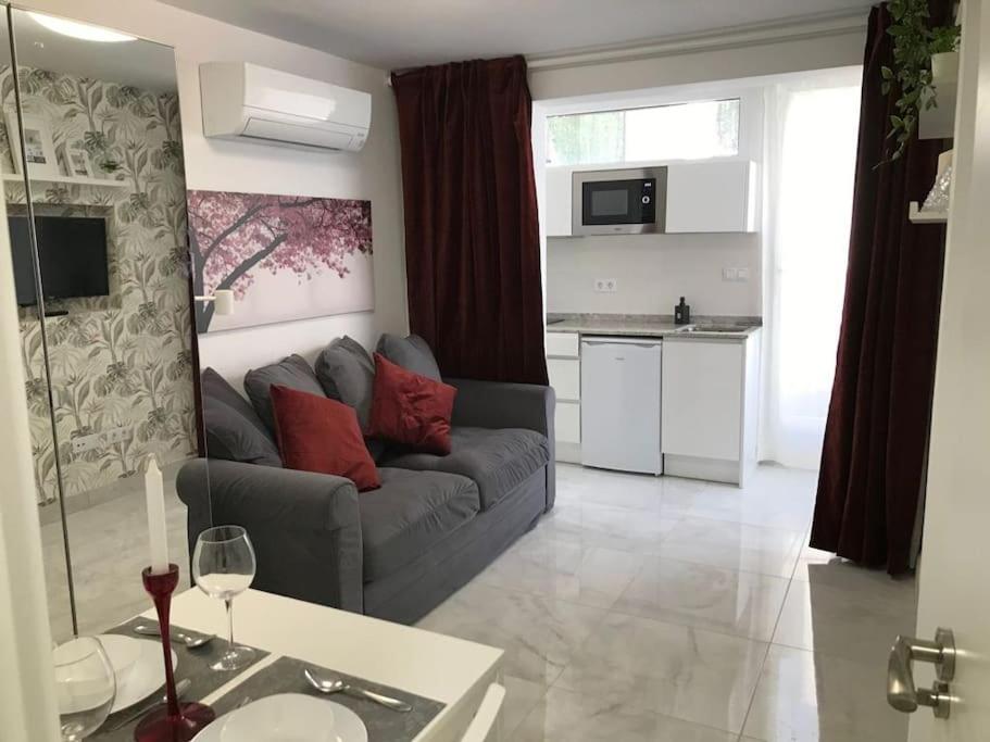 uma sala de estar com um sofá cinzento e uma cozinha em Precioso Apartamento nuevo con Jardín privado em Paracuellos de Jarama