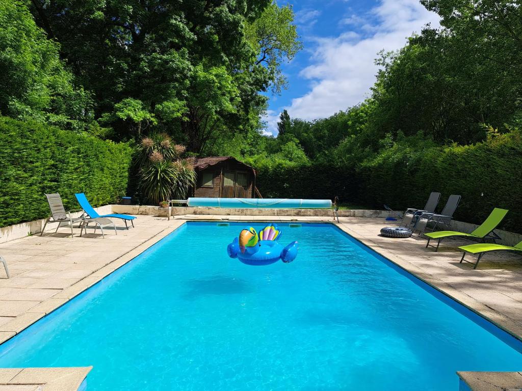 una piscina con un juguete en el agua en Le Moulin Etourneau - 3 gîtes avec 2 piscines, en Champagnac