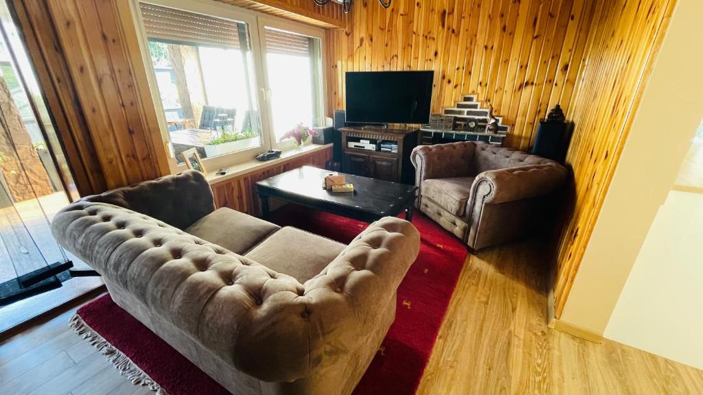 salon z 2 kanapami i telewizorem w obiekcie Pod Świerkami w Boszkowie
