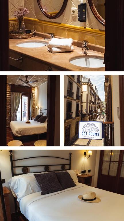 two pictures of a hotel room with a bed and a bathroom at San Sebastián DOT Rooms in San Sebastián