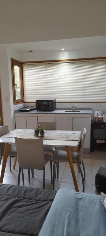 cocina con mesa y sillas en una habitación en Castor Fueguino: departamento cálido, céntrico y equipado - Wi Fi en Ushuaia
