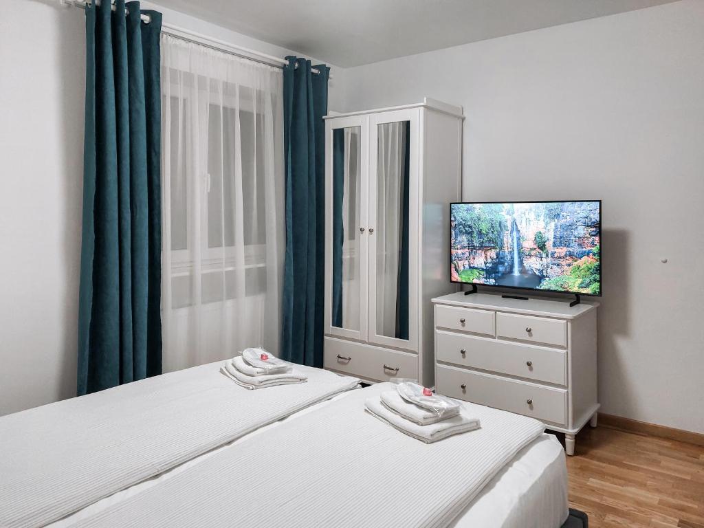a bedroom with two beds and a flat screen tv at Apartament Alina in Deva