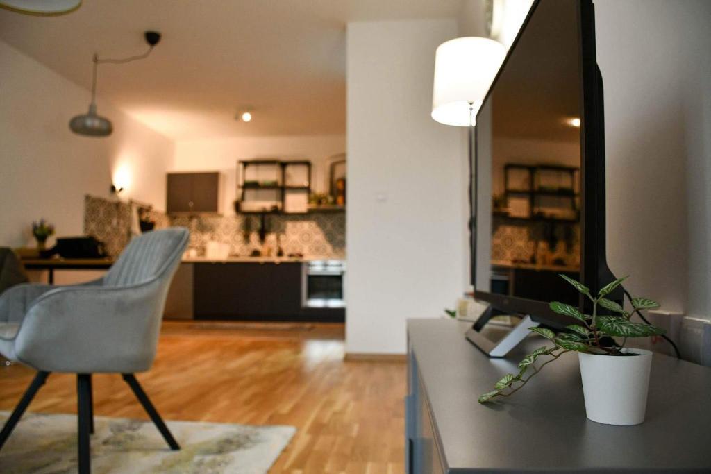 un soggiorno con sedia e specchio di Apartman Harmony a Sombor