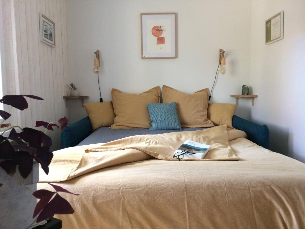 ラ・ロシェルにあるNuitée Naturopathiqueの毛布と本が敷かれたベッド