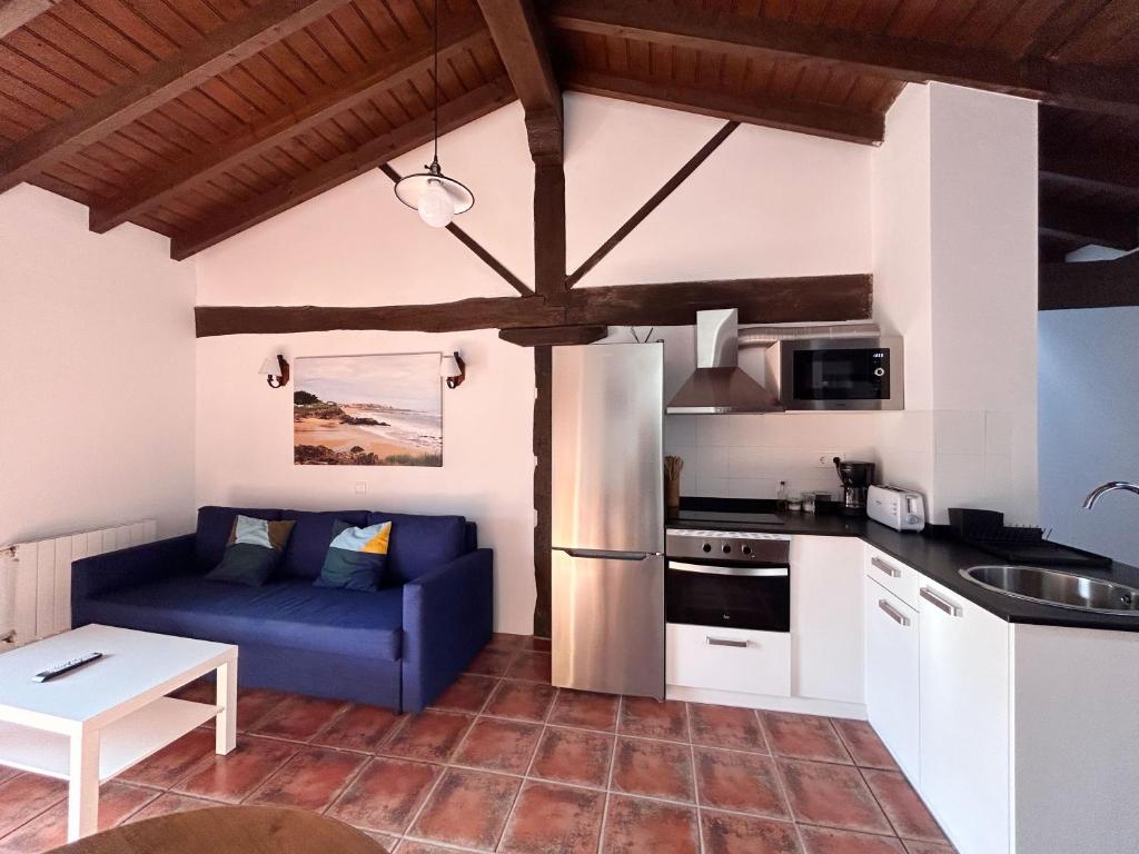 ein Wohnzimmer mit einer blauen Couch in einer Küche in der Unterkunft Apartamentos Camino del Norte in Cóbreces