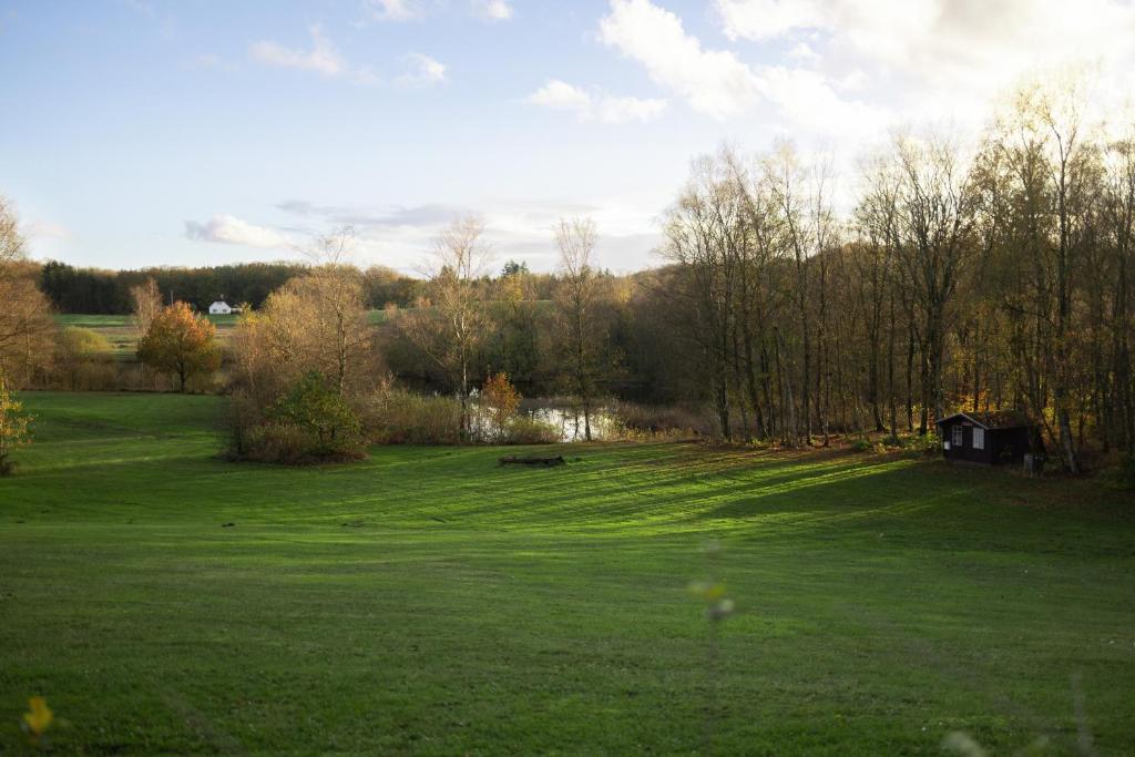 zielone pole z domem w środku w obiekcie Egtved Camping Cottages w mieście Egtved