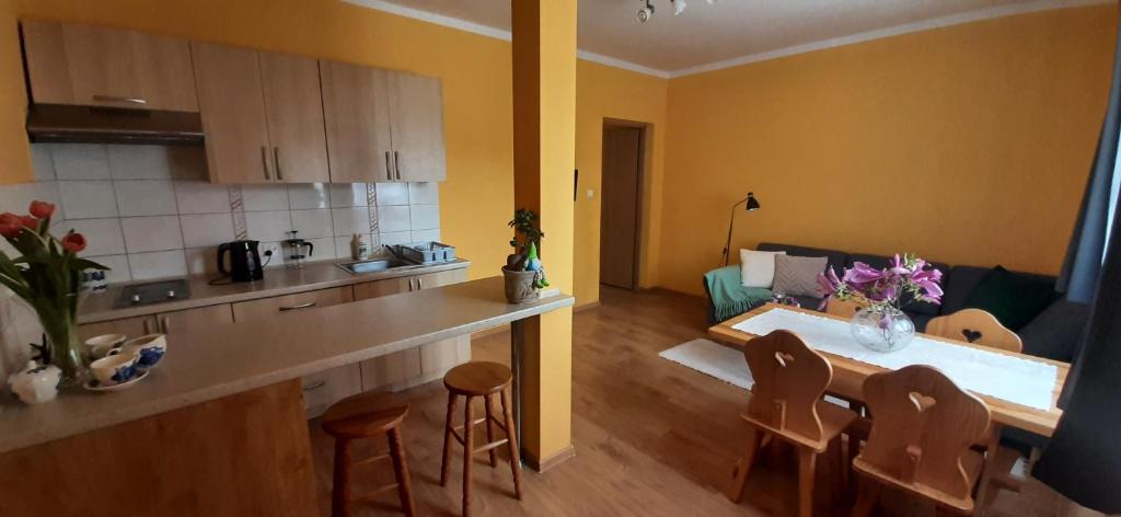una cucina e un soggiorno con tavolo e sedie di Apartamenty Gawędówka a Krościenko