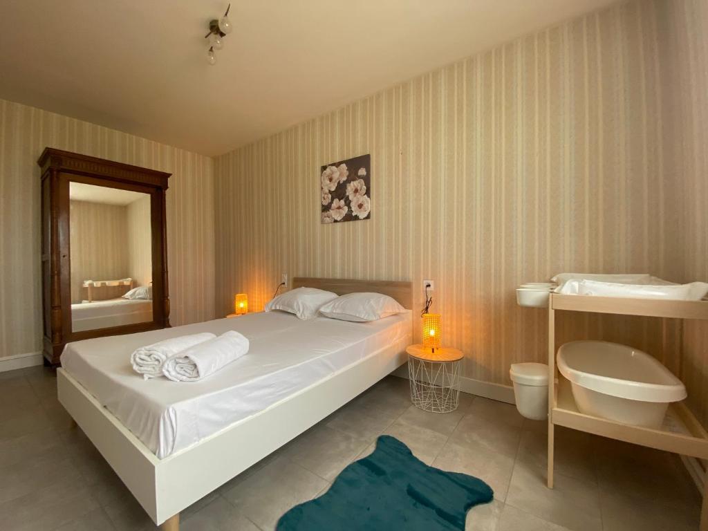 um quarto com uma cama, um lavatório e uma banheira em Gîte aux portes des châteaux - 12 min de Beauval em Saint-Romain-sur-Cher
