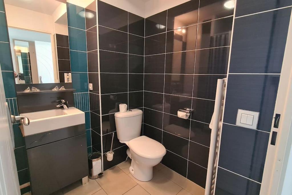 een badkamer met een toilet, een wastafel en een spiegel bij Studio Cosy a Perpignan Porte Espagne 317 in Perpignan