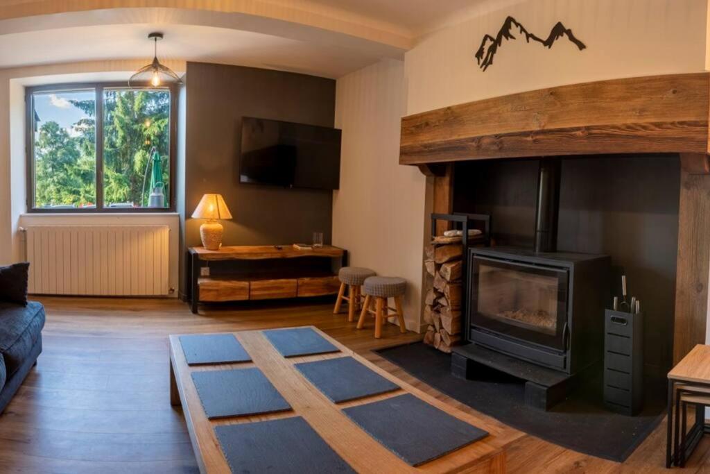 a living room with a fireplace and a tv at Gîte d&#39;AURE. Classé en meublé 4 étoiles. 