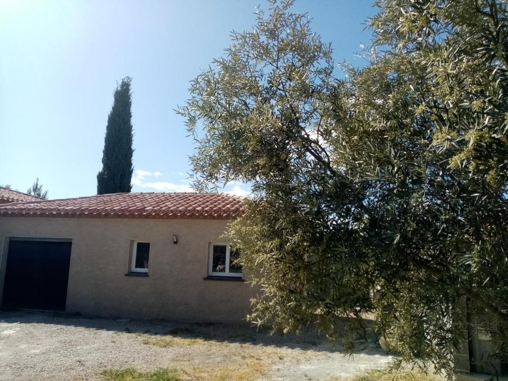 una casa con un árbol delante de ella en Maison du causse en Magalas