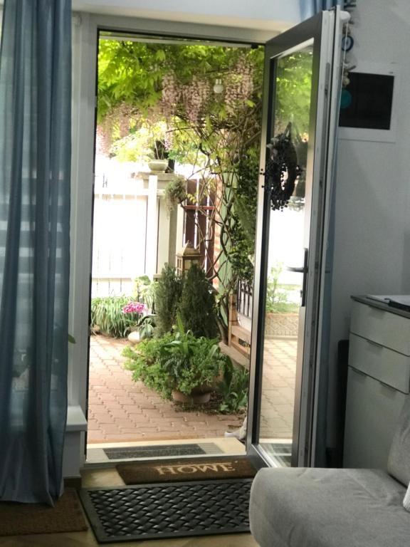 an open door to a yard with a patio at Greatforest Rosehill 2 Apartman in Debrecen