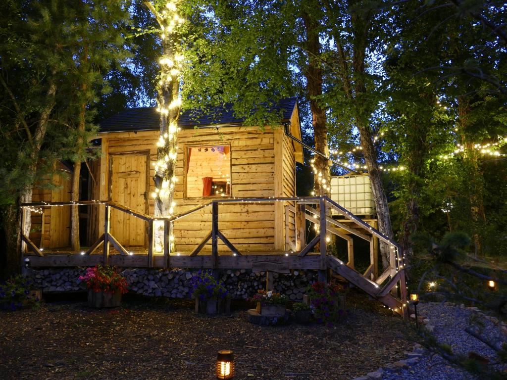 Una cabaña en el bosque con luces encendidas. en Cosy Crann #Find Your Escape, en Loughrea