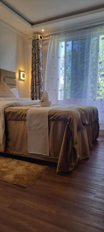 ein großes Bett in einem Schlafzimmer mit Fenster in der Unterkunft Hellenis Guest House in Kakamega