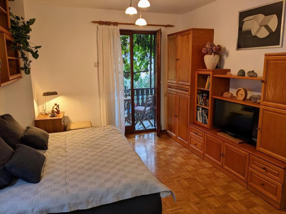 um quarto com uma cama grande e uma televisão em Apartment Kolodvor em Dornberk