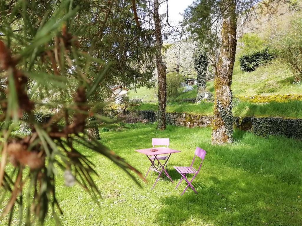 - une table de pique-nique et deux chaises dans l'herbe dans l'établissement Aux 3 Licornes, à Nevy-sur-Seille