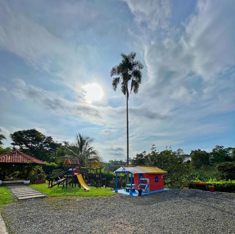a playground with a palm tree and a slide at Casa Lemar in Quimbaya