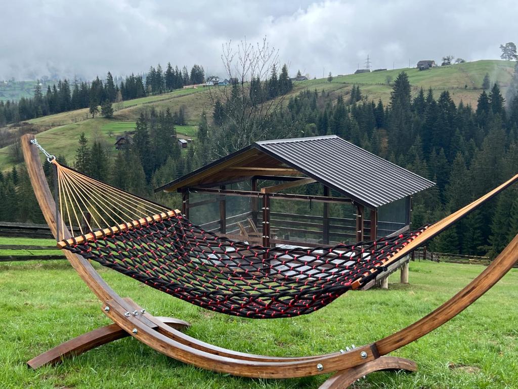 a hammock in a field with a building at Мелодія Гір .Апартаменти з видом на гори . in Vorokhta