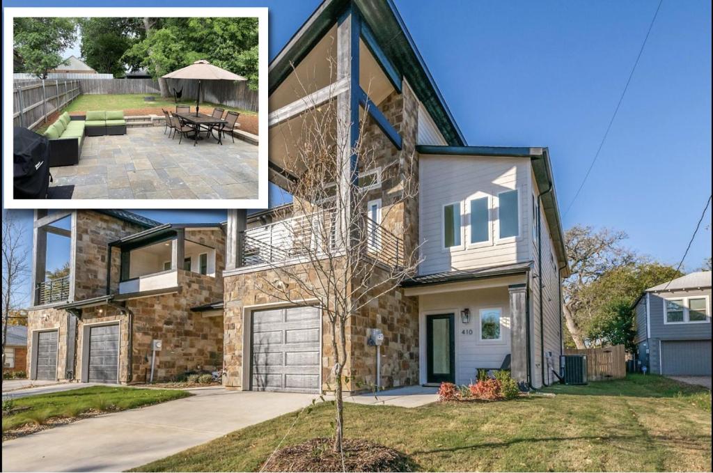 un collage de una casa y una casa en Stylish townhome near AT&T Stadium, Globe Life, Six Flags & More en Arlington