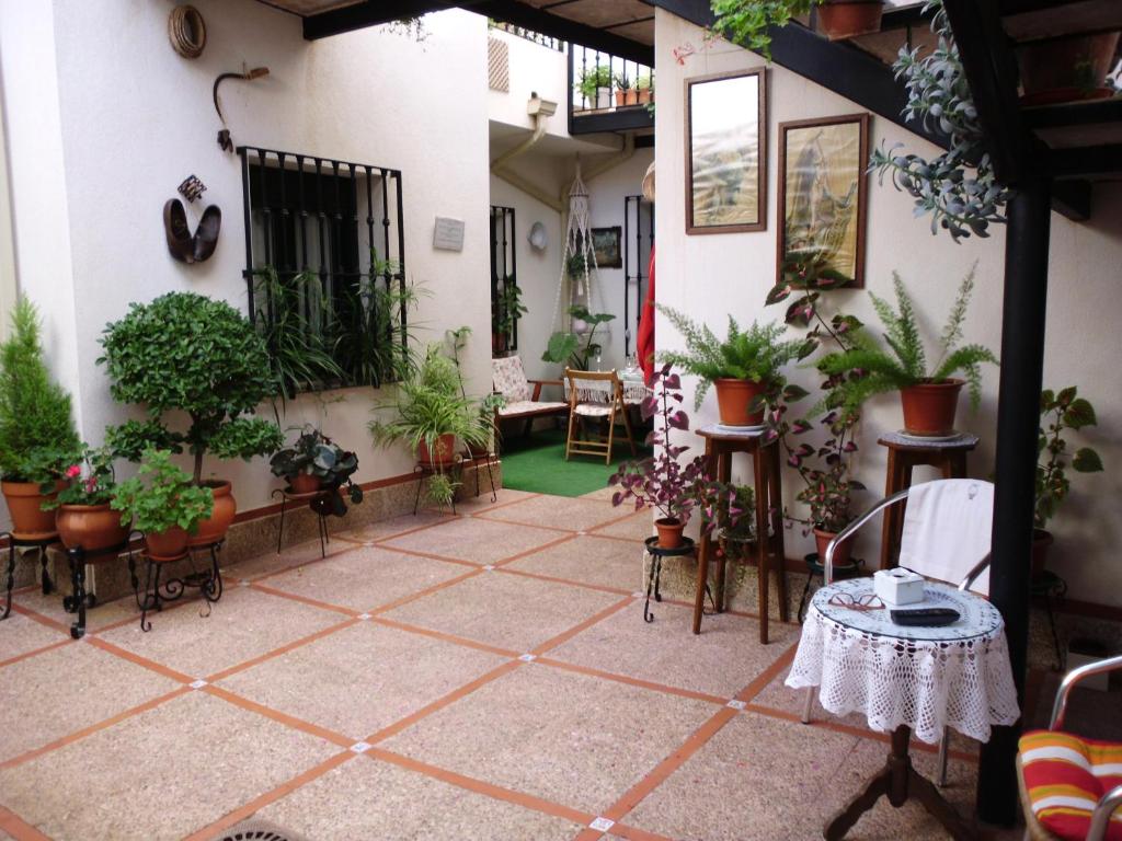 un patio con macetas y una mesa en Casa Rural Morada Maragata, en Cózar