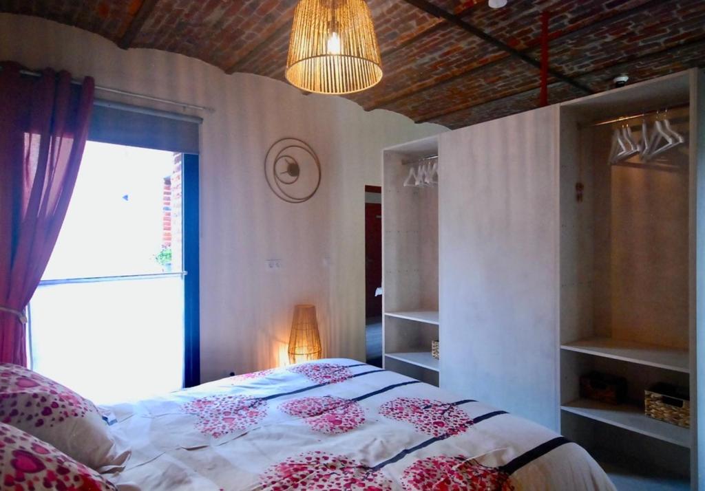 Wargnies-le-Grand的住宿－Suite Terracotta : Gîte de charme en Avesnois，一间卧室设有一张床、一个窗户和一个吊灯。
