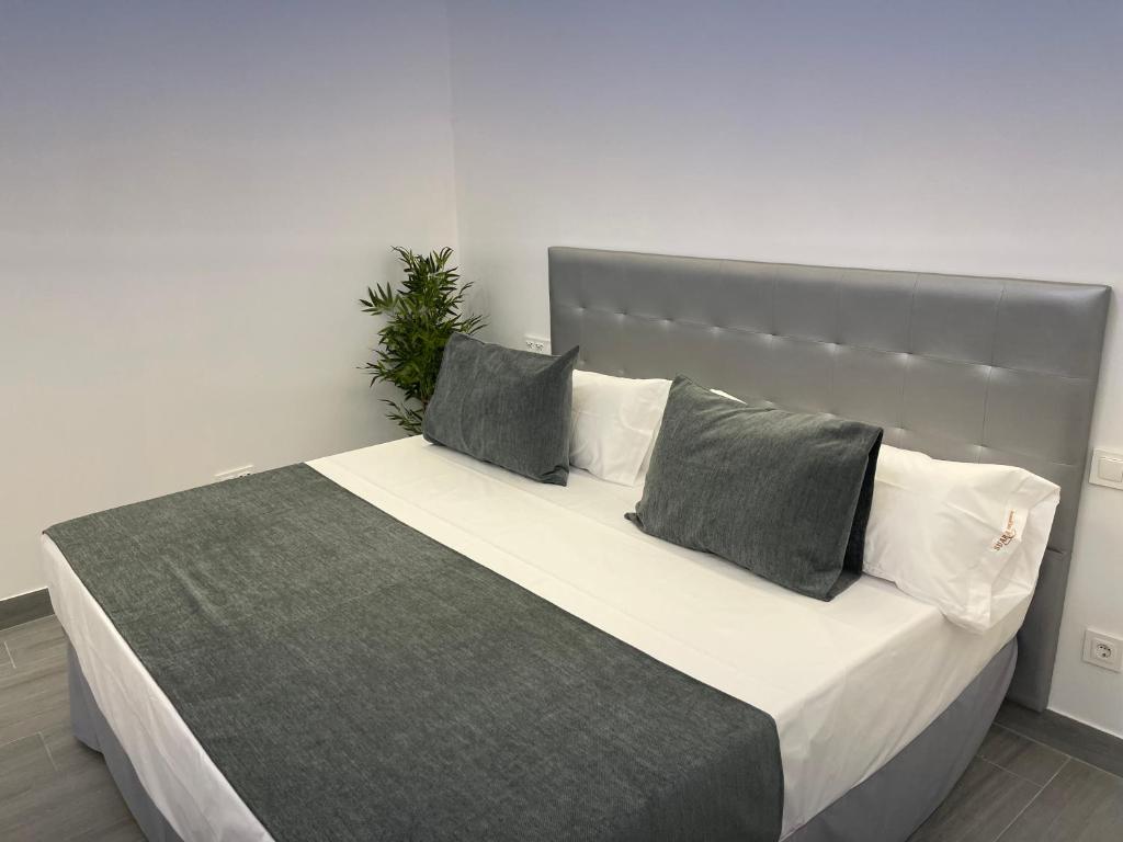 um quarto com uma cama grande e 2 almofadas em SUARA LOFT APARTAMENTOS em Madri