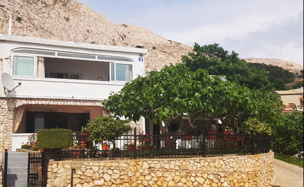 a white house with a tree and a stone wall at Apartmani Košutić in Stara Baška