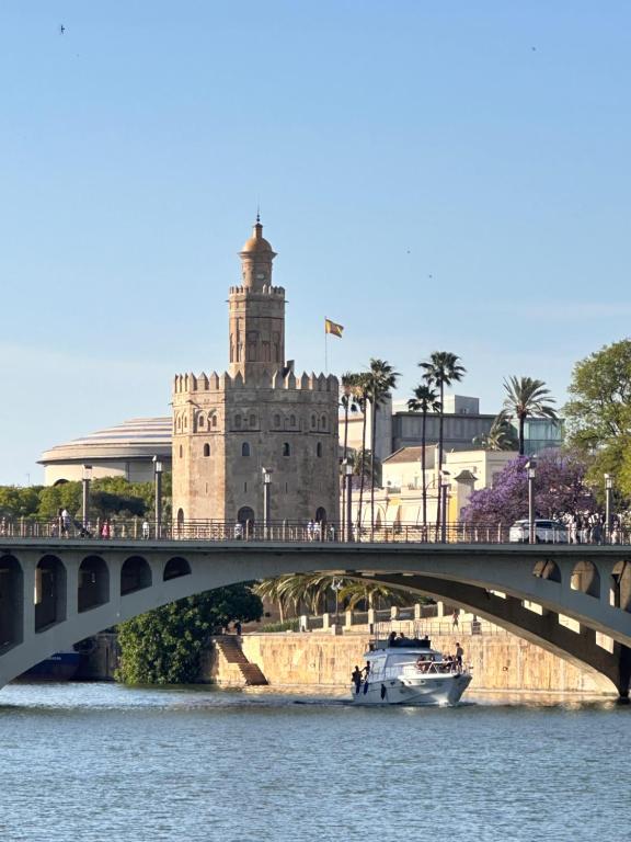 un barco en el río con un puente y un castillo en Duplex Deluxe Sevilla Center & Parking opcional, en Sevilla