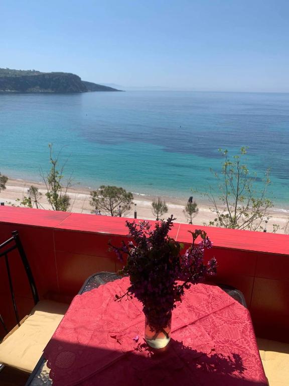 a table with a vase of flowers on top of a beach at Sulaj Sea View 1 in Himare
