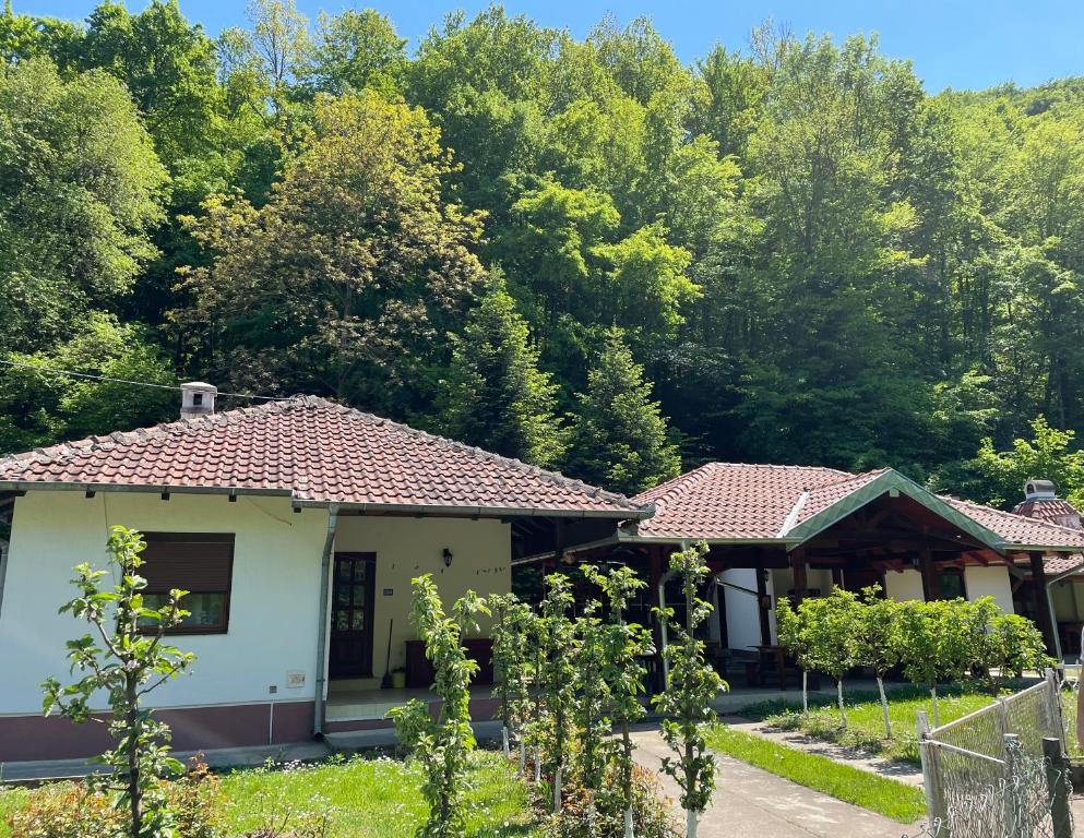 a pair of houses with trees in the background at Vitez Koja in Vrnjačka Banja